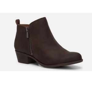 Lucky Brand Basel ankle booties. Brown suede. Dual zipper closures. Size 6.5.